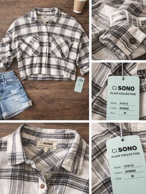Cropped Plaid Flannel Shacket | Gray & Cream Button Down | Boho Fall Size M